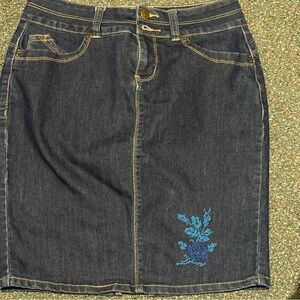 Royalty For Me Dark Blue Denim Pencil Skirt with Blue Embroidery